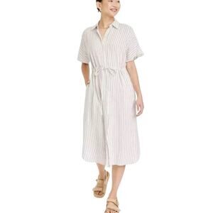 A New Day Short Sleeve Waist Tie Button Down Dress Striped White Women's Medium